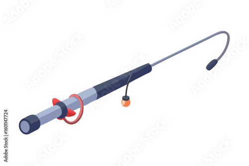 Modern fishing rod with a lure and reel on a black background