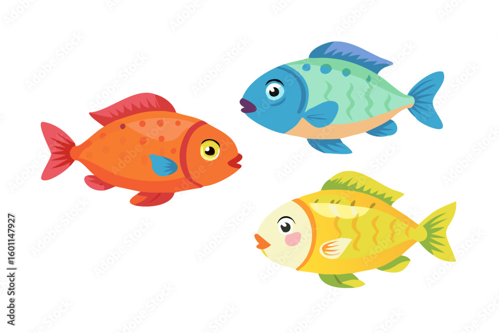 Fototapeta premium Three colorful cartoon fish swimming together on black background