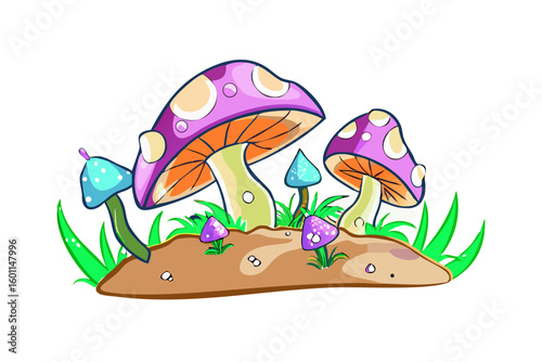 Whimsical cartoon mushrooms in vibrant purple and blue colors