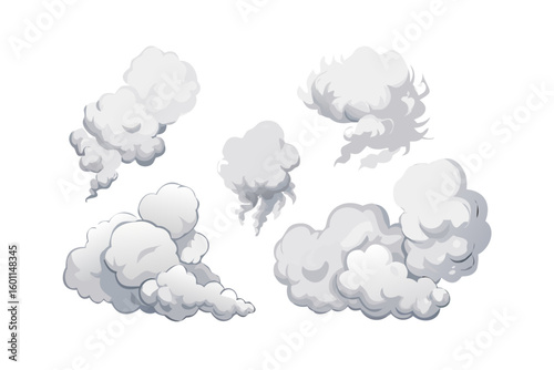 Collection of stylized cartoon smoke and dust clouds on black background