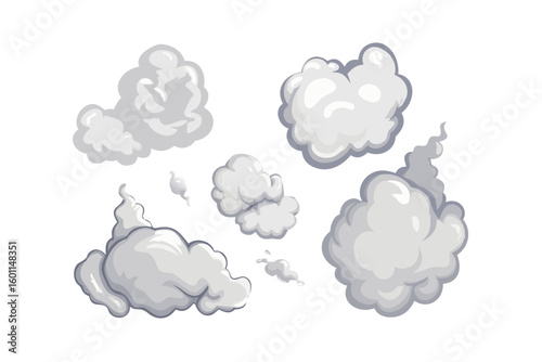 Collection of stylized cartoon smoke and dust clouds on black background