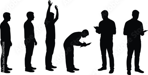 Silhouette of man standing, writing with clipboard, raising hands, gesture posture, black white illustration, isolatedSilhouette of man standing, writing with clipboard