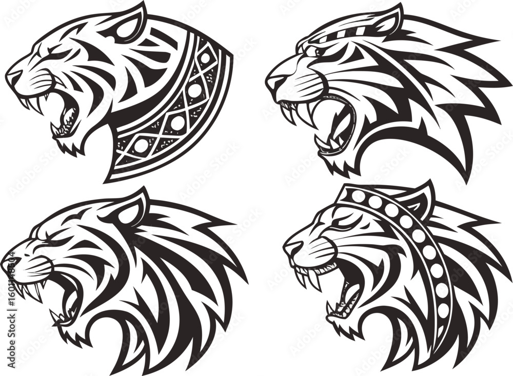 Obraz premium Vector art of a collection of black and white tiger head illustrations showcasing their fierce beauty and tribal