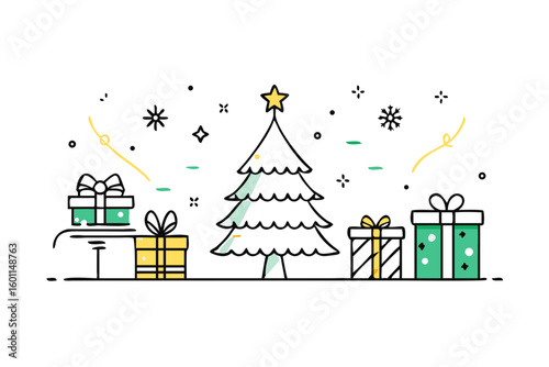 Festive christmas tree surrounded by gifts and confetti on black background
