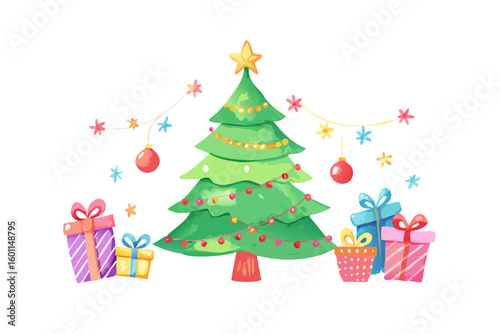 Festive watercolor christmas tree surrounded by gifts and ornaments