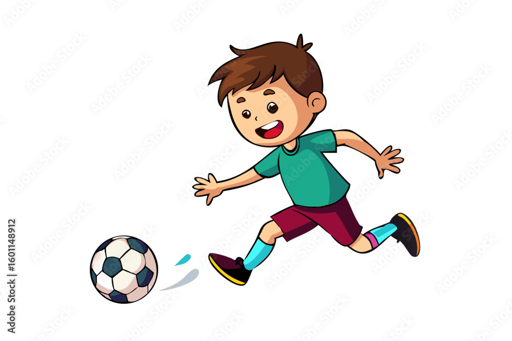 Happy cartoon boy playing soccer and kicking the ball Happy cartoon boy playing soccer and kicking the ball