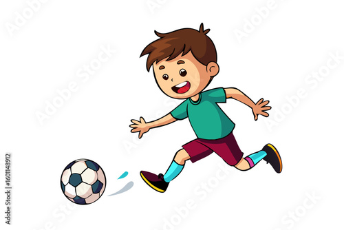 Happy cartoon boy playing soccer and kicking the ball