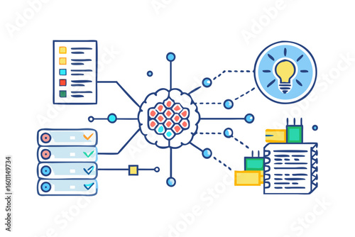 Abstract concept of data processing and idea generation with a central network