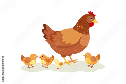 Cute cartoon hen with her chicks on a white background