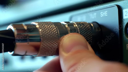 Audio Connector Cable Being Plugged into Gray Output Panel Under Blue Lights