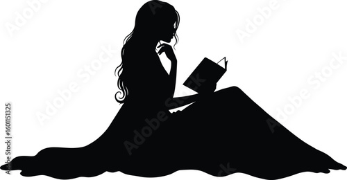 Silhouette of woman reading book, peaceful moment, elegant posture, intellectual activity, artistic inspirationSilhouette of woman reading book, peaceful moment