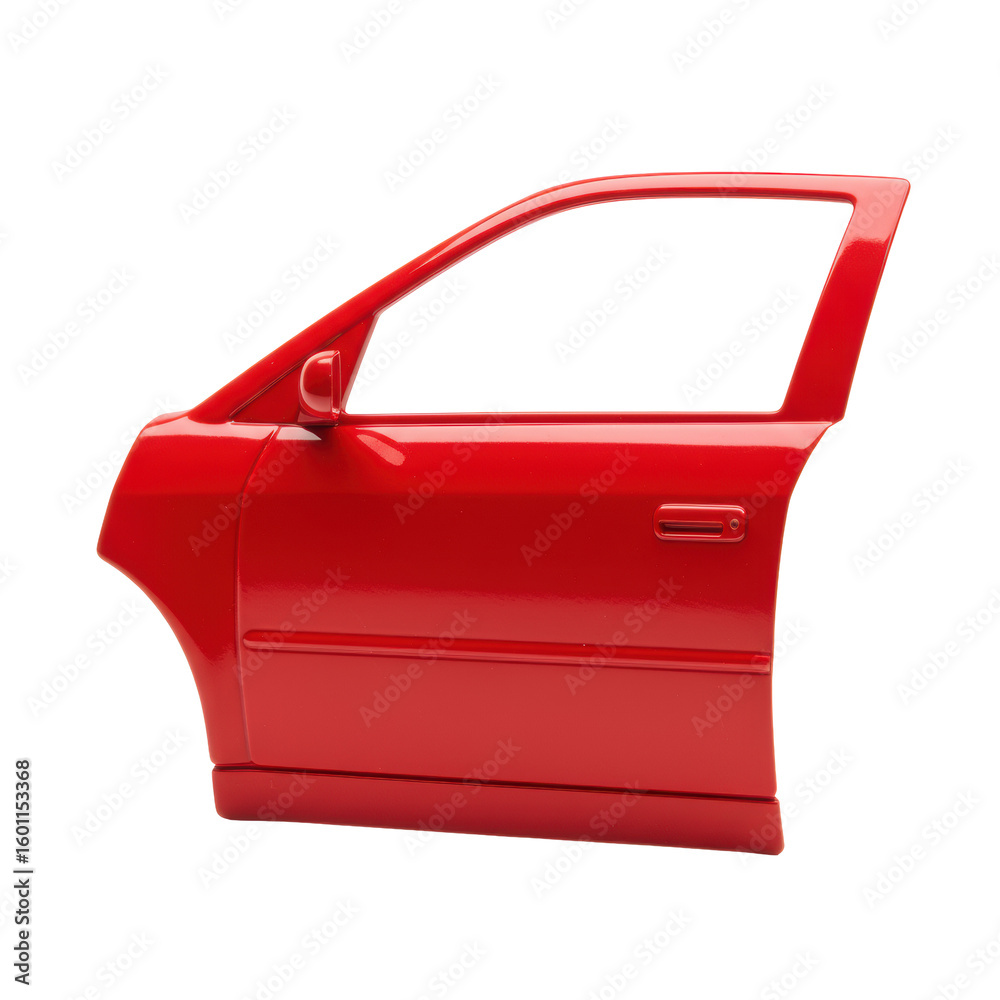 A miniature, bright red, glossy plastic car door with smooth, seamless contours, reminiscent of a child's toy, perfectly isolated on a transparent studio background with even, shadowless lighting, A miniature, bright red, glossy plastic car door with smooth, seamless contours, reminiscent of a child's toy, perfectly isolated on a transparent studio background with even, shadowless lighting,