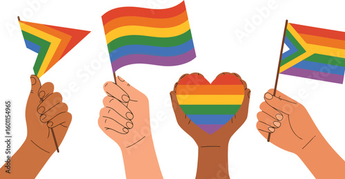 Diversity Hands & Rainbow Symbols: A group of hands, each with different skin tones, proudly display vibrant rainbow flags and a heart-shaped symbol, representing love, acceptance.