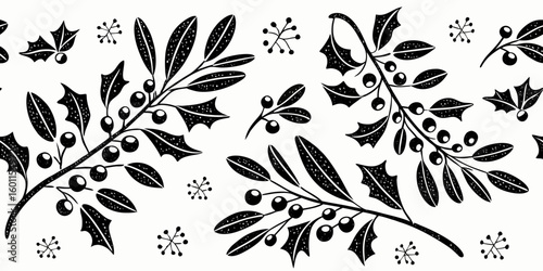 Black and White Holly Berry Branch Seamless Pattern