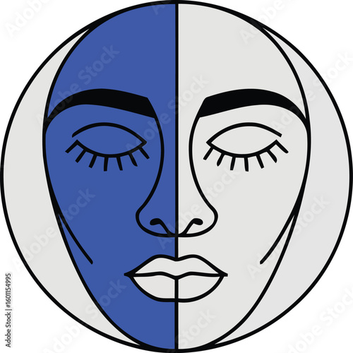 Celestial Contemplation: A unique graphic illustration of a serene face, bisected with contrasting shades, evokes a sense of introspective calm and harmonious balance. 