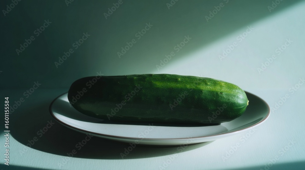 Fresh cucumber placed on a white plate with soft shadows Fresh cucumber placed on a white plate with soft shadows