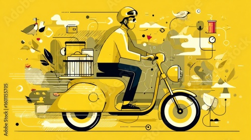 Delivery rider driving yellow scooter with packages in abstract style  