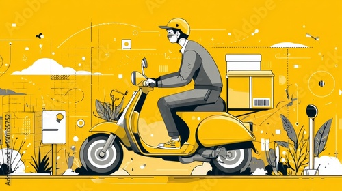 Delivery man riding yellow scooter through urban environment  