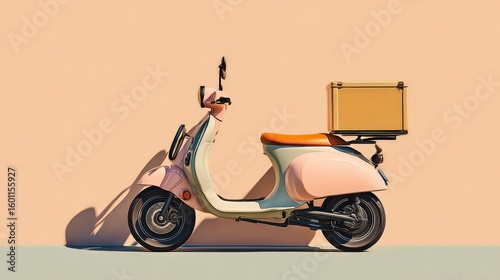 Vintage scooter with delivery box parked against pastel wall  