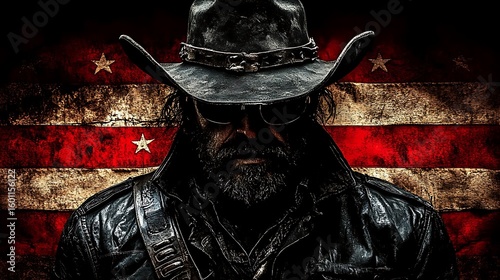 Man in leather jacket and cowboy hat against a distressed American flag backdrop.