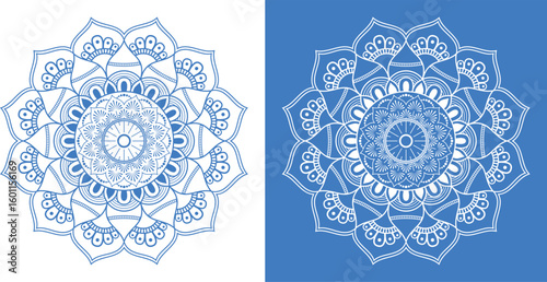 Blue and white Easter egg vector with floral mandala pattern and ornamental geometric color design