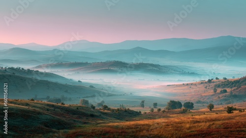Serene misty sunrise landscape. Perfect for travel, nature, and tourism websites, blogs, or publications. Ideal for calming backgrounds.