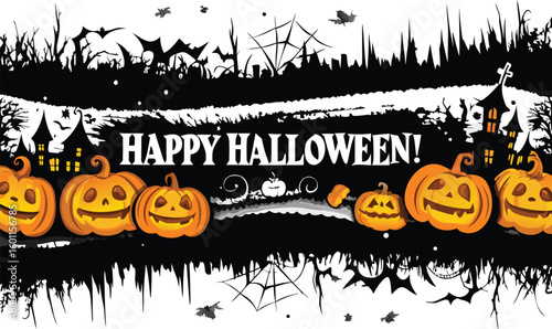 Colorful Halloween banner displaying smiling pumpkins and playful bats, celebrating the spooky season