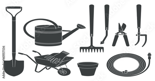 Gardening Tools Vector Illustration: Shovel, Watering Can, Rake, Pruning Shears, Wheelbarrow, Flower Pot, Hose - Essential Equipment for Garden Maintenance and Landscaping