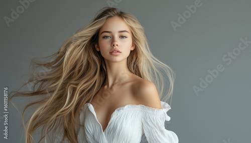 Portrait Of A Young Woman With Flowing Blonde Hair In White Summer Attire Posing Against A Grey Background.