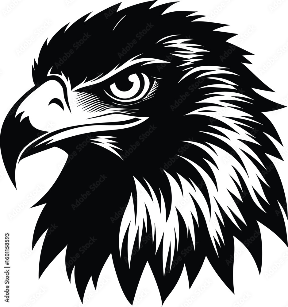 Obraz premium Vector art of a fierce eagle head is shown in profile with a sharp gaze and powerful beak
