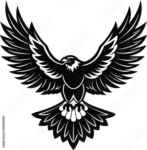 Majestic eagle with wings spread wide in a powerful flight pose silhouette vector 