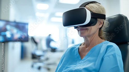 Woman in virtual reality headset, exploring simulated environments for healthcare or entertainment. Modern tech assists patient experience and creates immersive exploration.