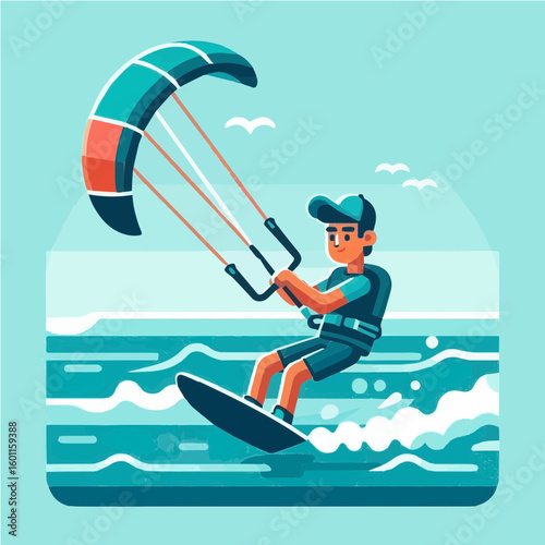 Kitesurfer on the sea, cartoon