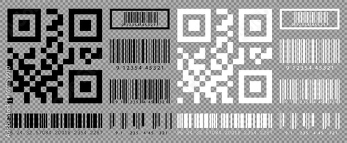 Set of Black and White QR Codes and Barcodes on Transparent Background