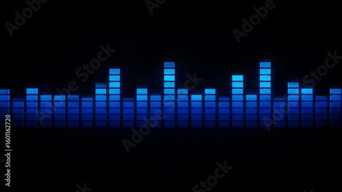 Illuminated blue equalizer bars display against a dark plain surface in a simple graphic design