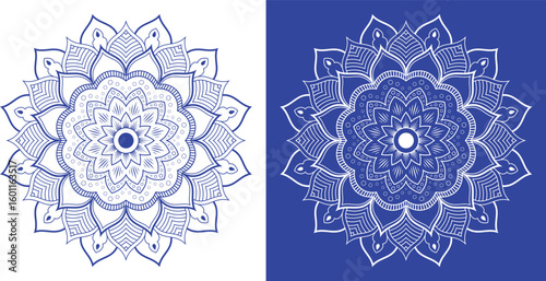 Blue and white Easter egg vector with floral mandala pattern and ornamental geometric color design