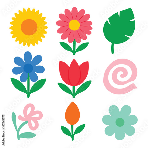 Vibrant collection of cheerful, stylized flowers and leaves bringing natural beauty