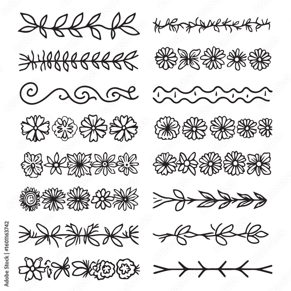 Charming hand-drawn floral and leaf borders for elegant design accents