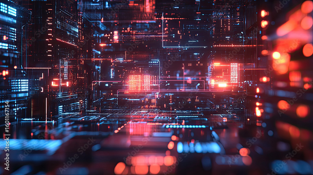 Obraz premium Futuristic digital data network, glowing blue and red circuit technology background, abstract cyber security, artificial intelligence, virtual server room