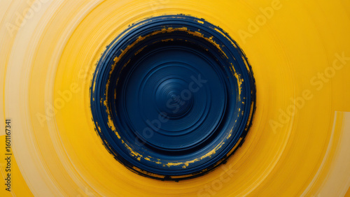 Abstract Dark Blue Concentric Circles on Yellow Background - Artistic Swirl Design, Modern Art Texture