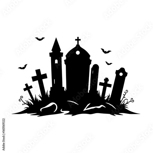 spooky graveyard silhouette with tombstones, crosses, and bats flying in the night. black vector