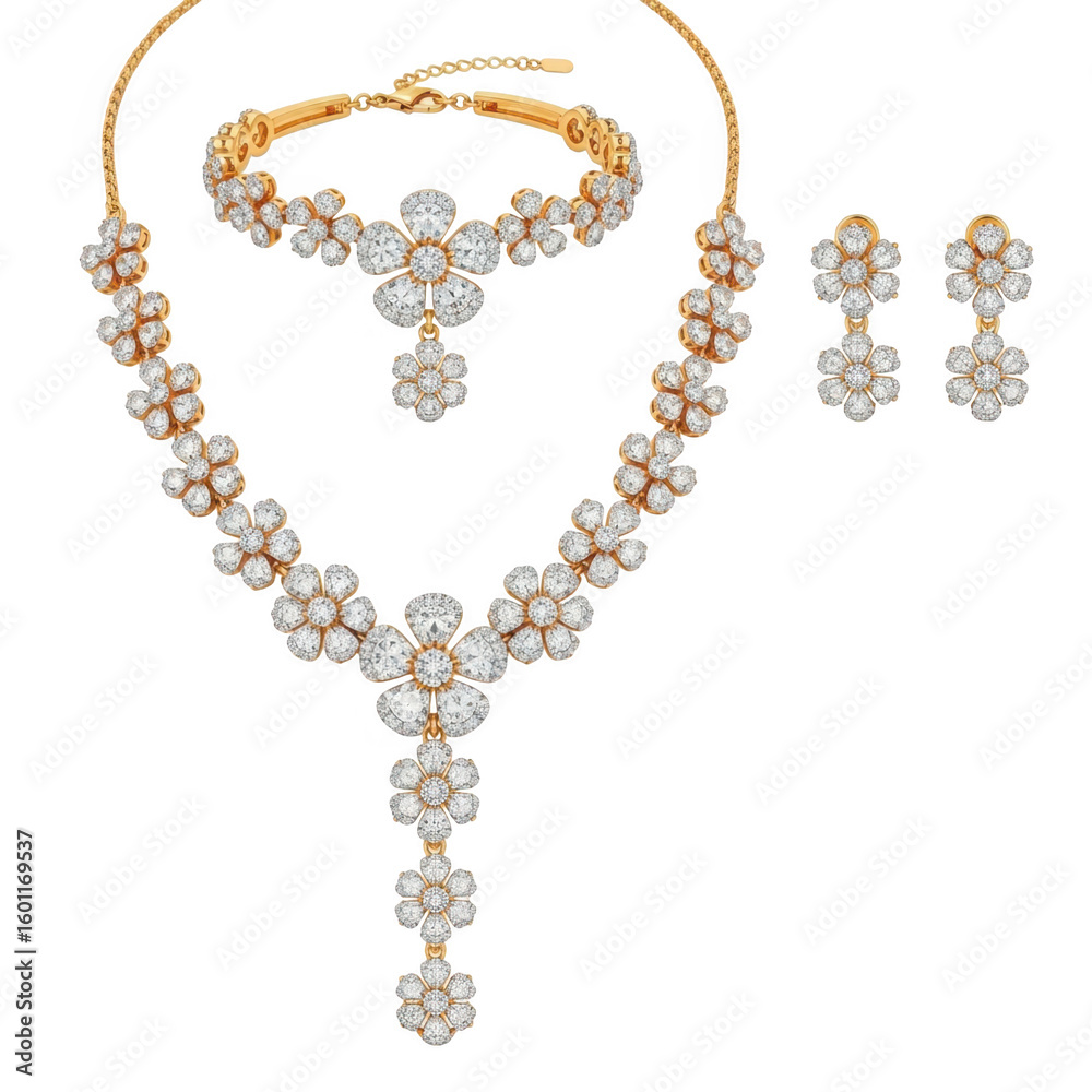 Diamond jewelry set with necklace, bracelet, and earrings isolated on transparent background Diamond jewelry set with necklace, bracelet, and earrings isolated on transparent background