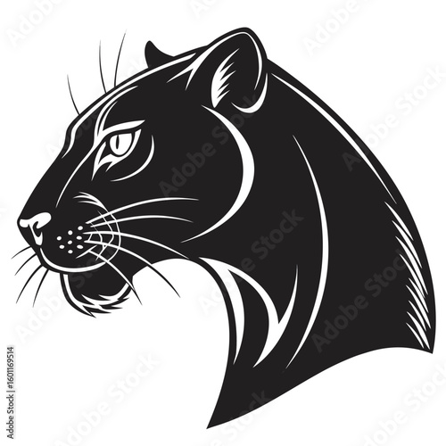 Vector art of a sleek black panther head is illustrated in a vector design with a focused gaze