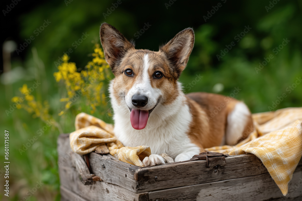Obraz premium A brown and white corgi rests in a wooden box with yellow cloth. A charming, cheerful portrait of domestic animal. Animal lover, canine companionship, adorable pet.