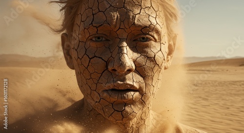 Desert personification face with cracked soil texture with land dry environment