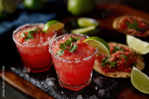 Wallpaper Mural Two watermelon margaritas on a slate board with lime and cilantro. A bright, inviting shot of summer refreshment. Refreshing beverage, cocktail hour, culinary delight. Torontodigital.ca