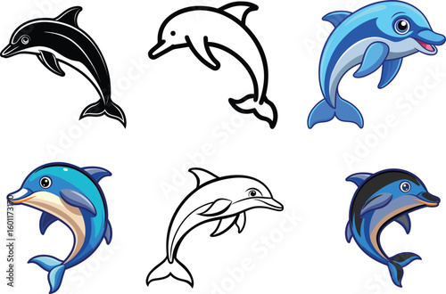 Collection of six diverse dolphin illustrations in black and white and vibrant colour