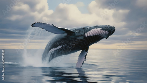 Majestic Humpback Whale Breach A Symphony of Power and Grace in the Vast Ocean Under a Cloudy Sky