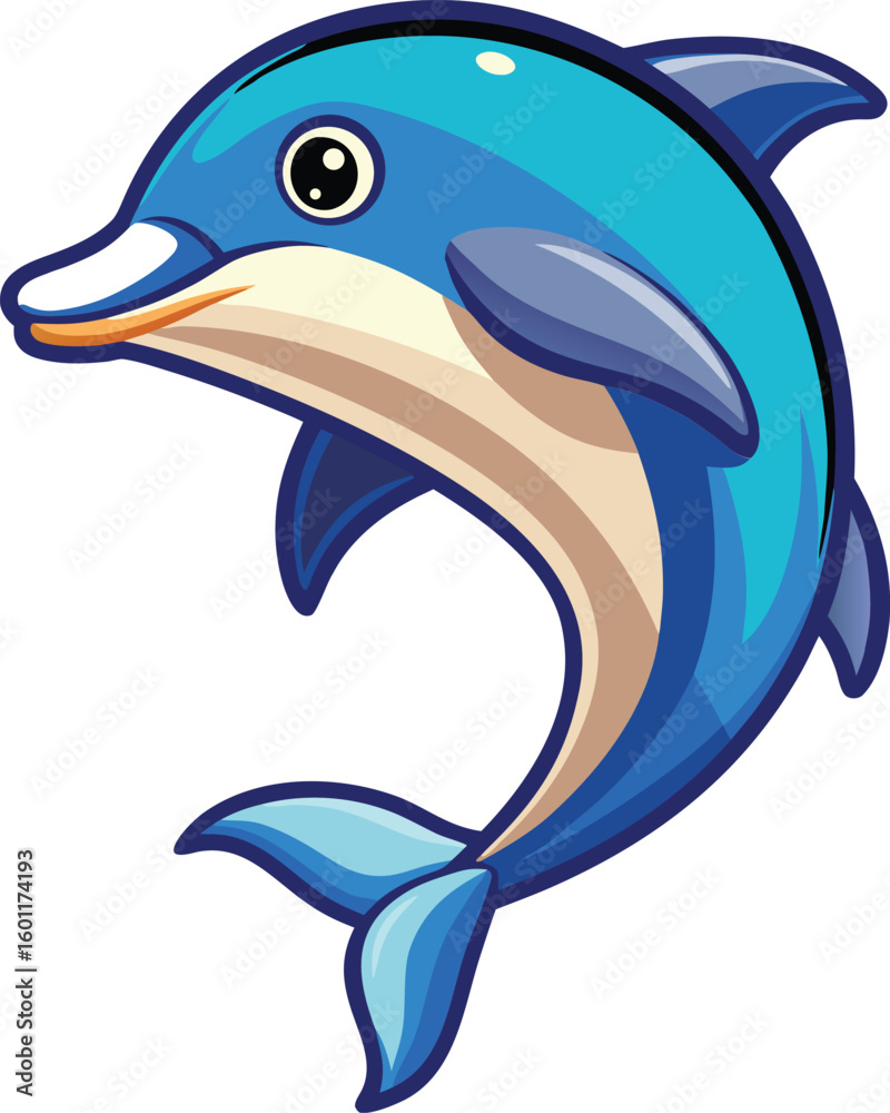 Obraz premium Adorable cartoon dolphin with blue stripes leaping joyfully from the water