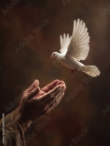 Serene dove descending on open hands.  Spiritual, hopeful image ideal for religious, meditation, peace themes. Perfect for websites, prints, and more.